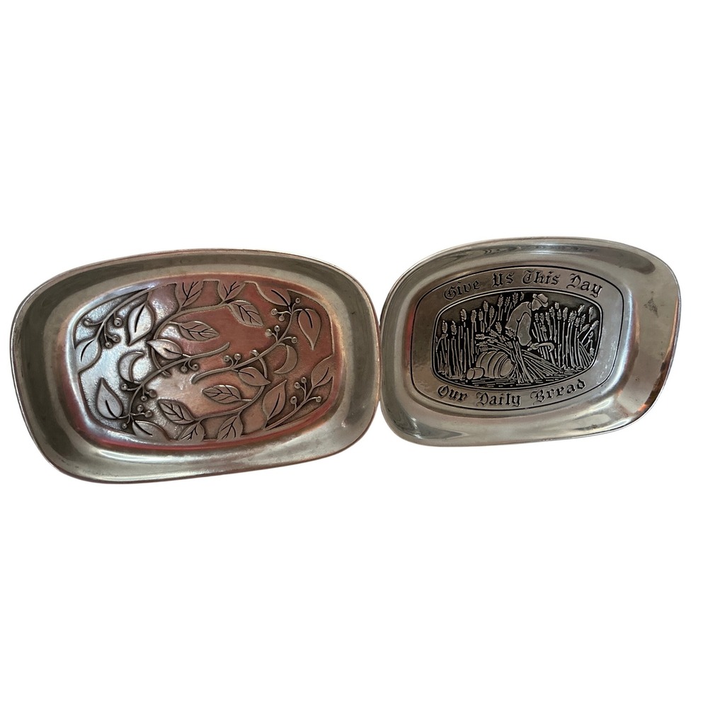 Wilton Armetale Vintage Pewter Bread Plates Give Us This Day Leaf Set of 2